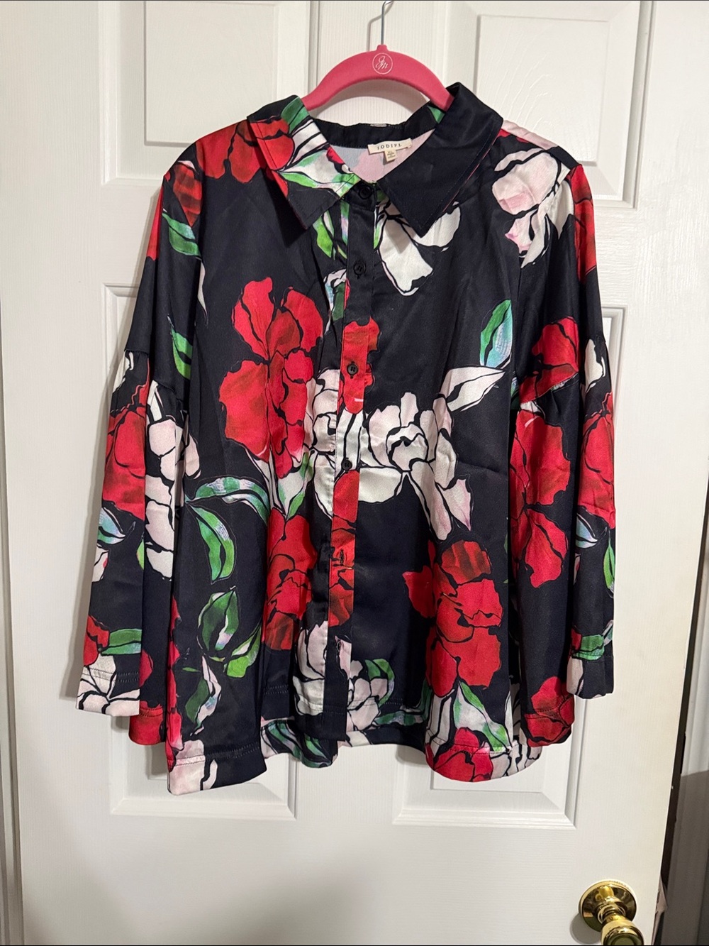 JODIFL Black Button-Down Blouse with Red & White Floral Print